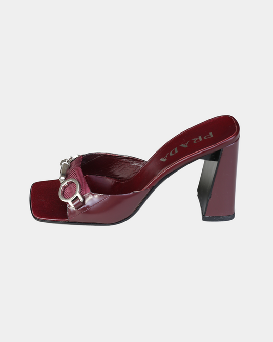 Prada 90s Burgundy Buckle Platform Heels