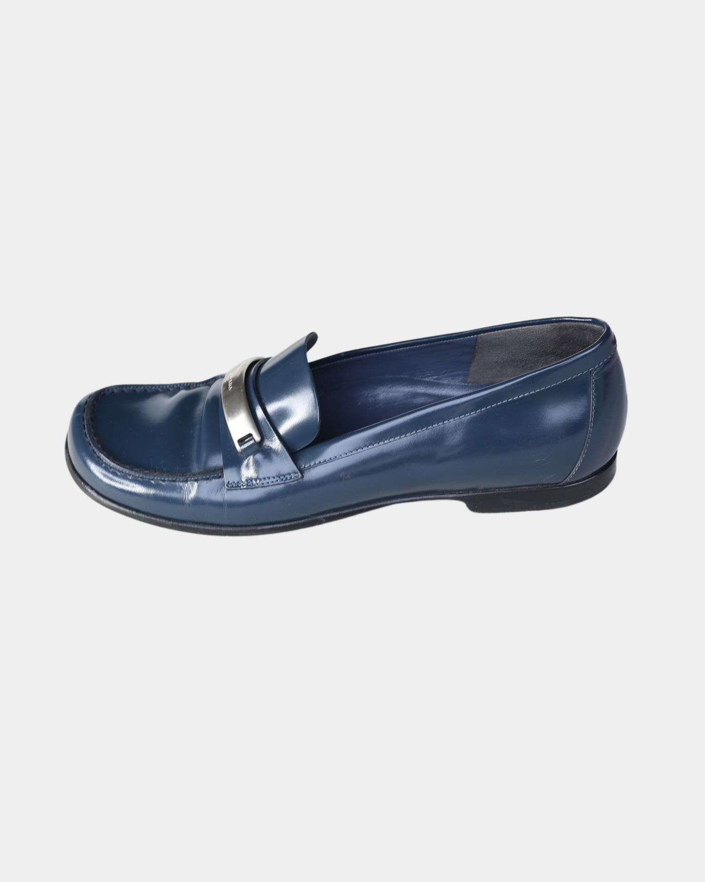 Prada 90s Navy Patent Leather Buckle Hardware Loafers