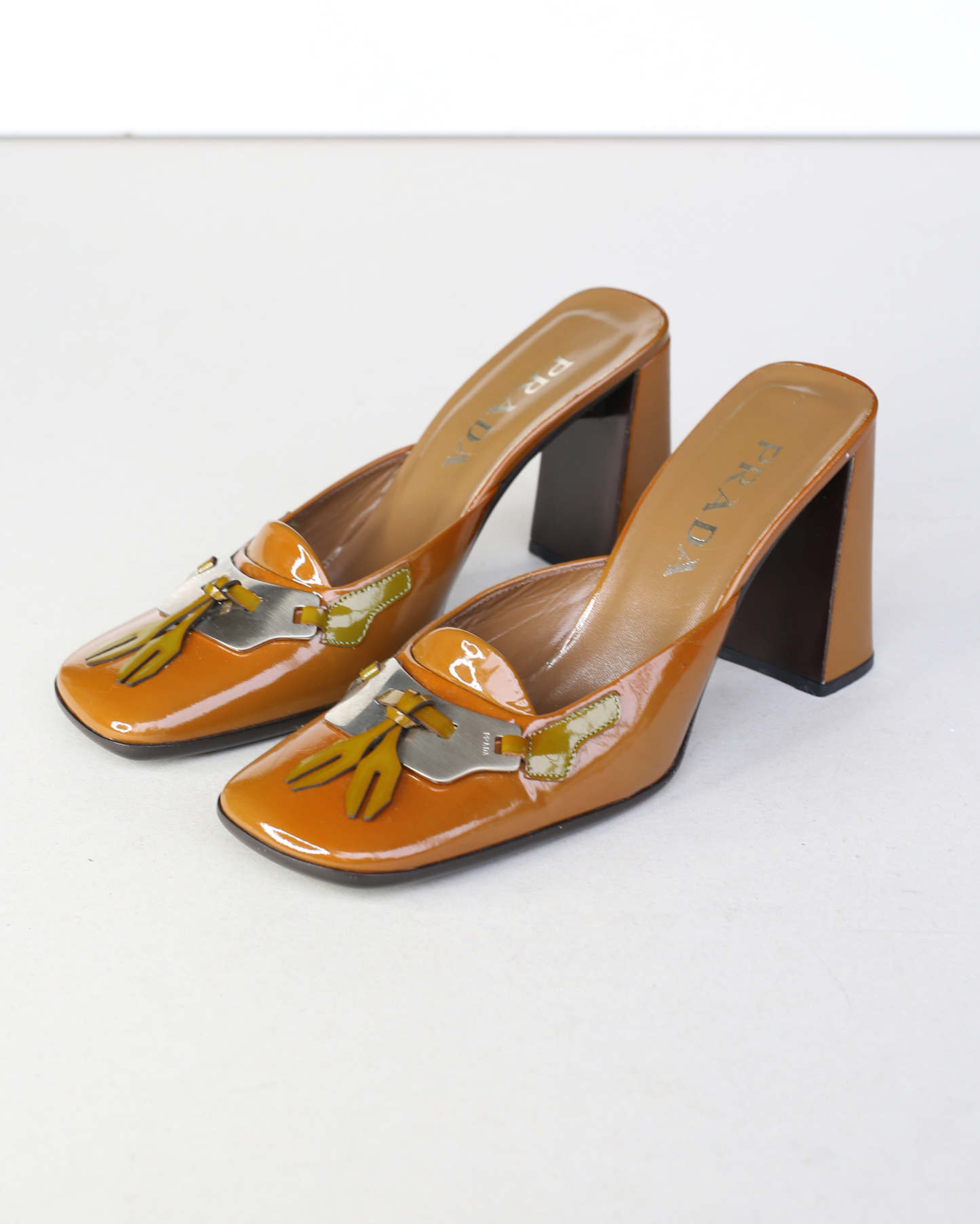 Prada FW1999 Orange Runway Buckle Patent Leather Heels