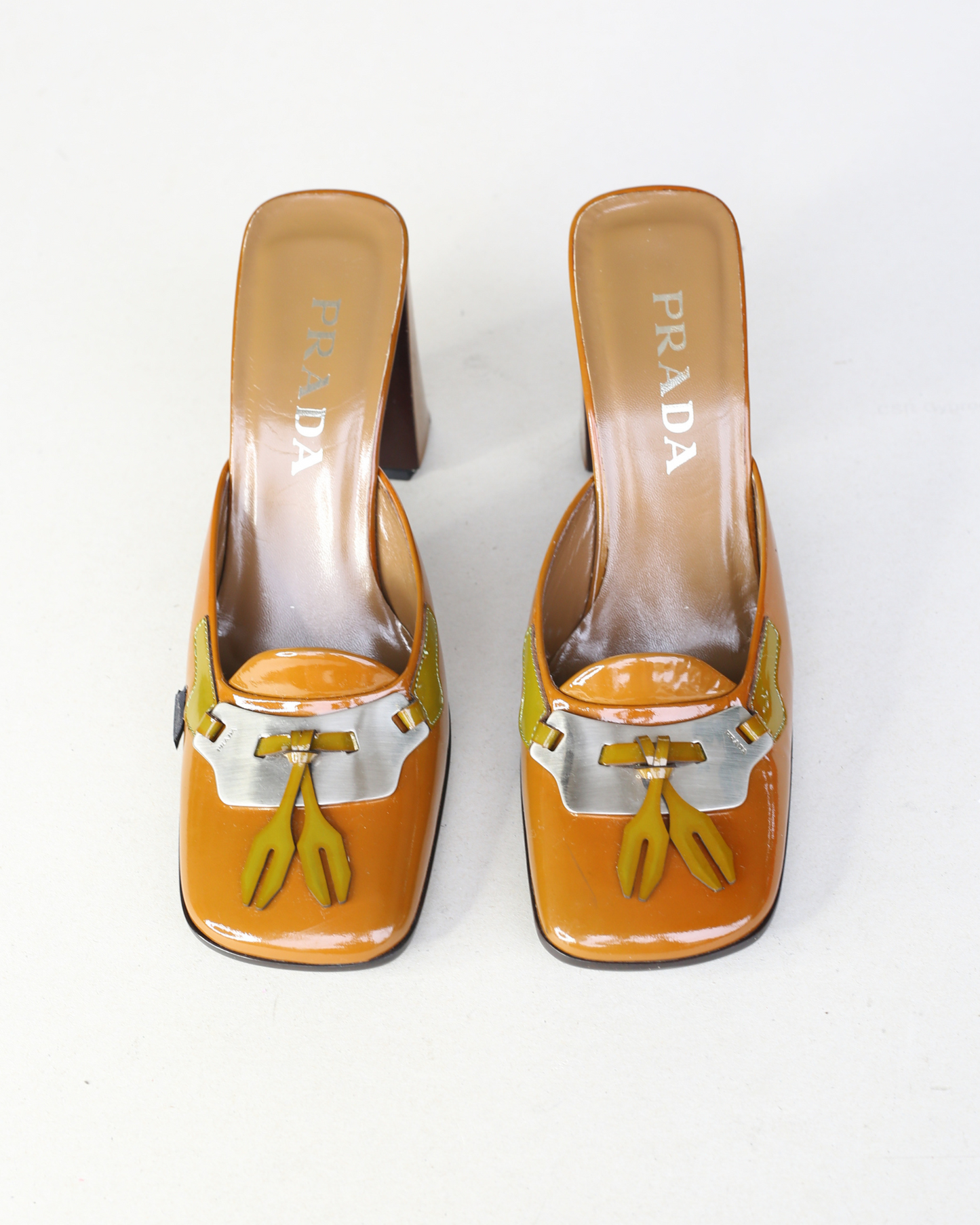 Prada FW1999 Orange Runway Buckle Patent Leather Heels