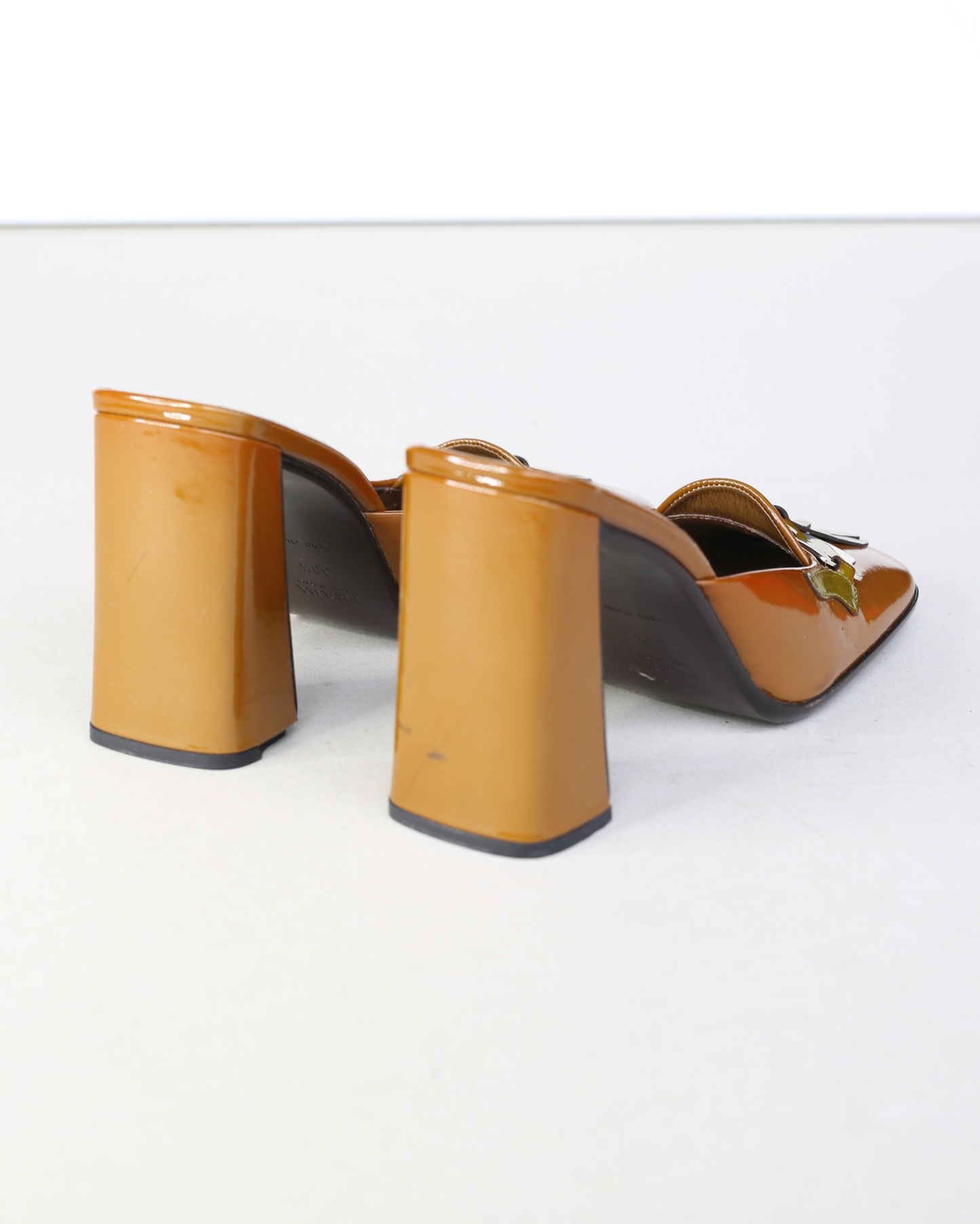 Prada FW1999 Orange Runway Buckle Patent Leather Heels