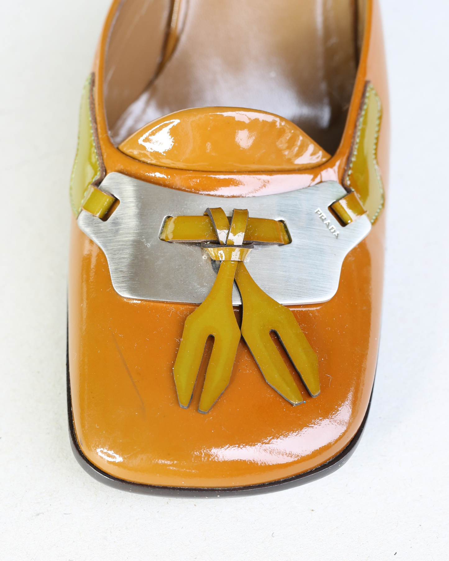 Prada FW1999 Orange Runway Buckle Patent Leather Heels