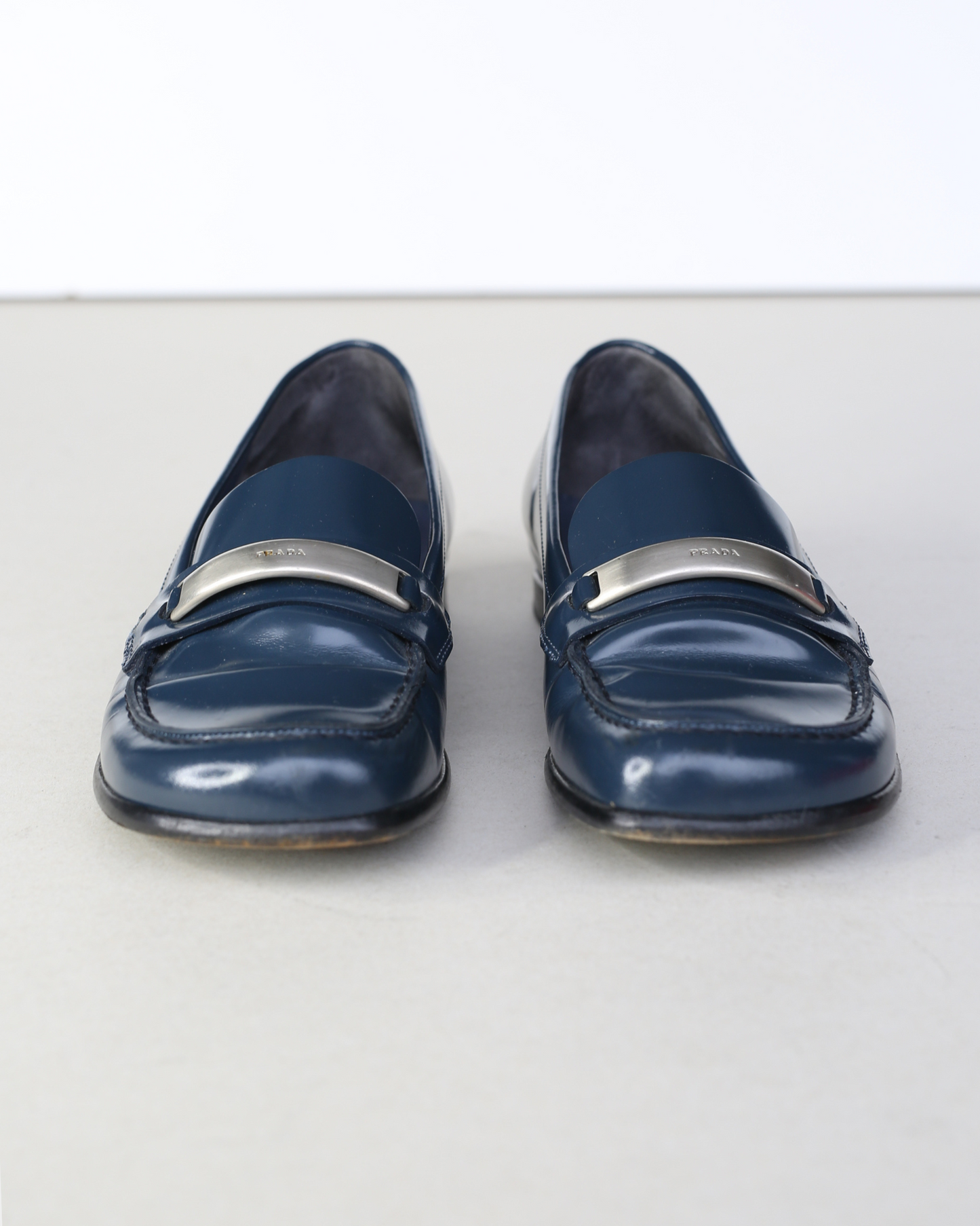 Prada 90s Navy Patent Leather Buckle Hardware Loafers