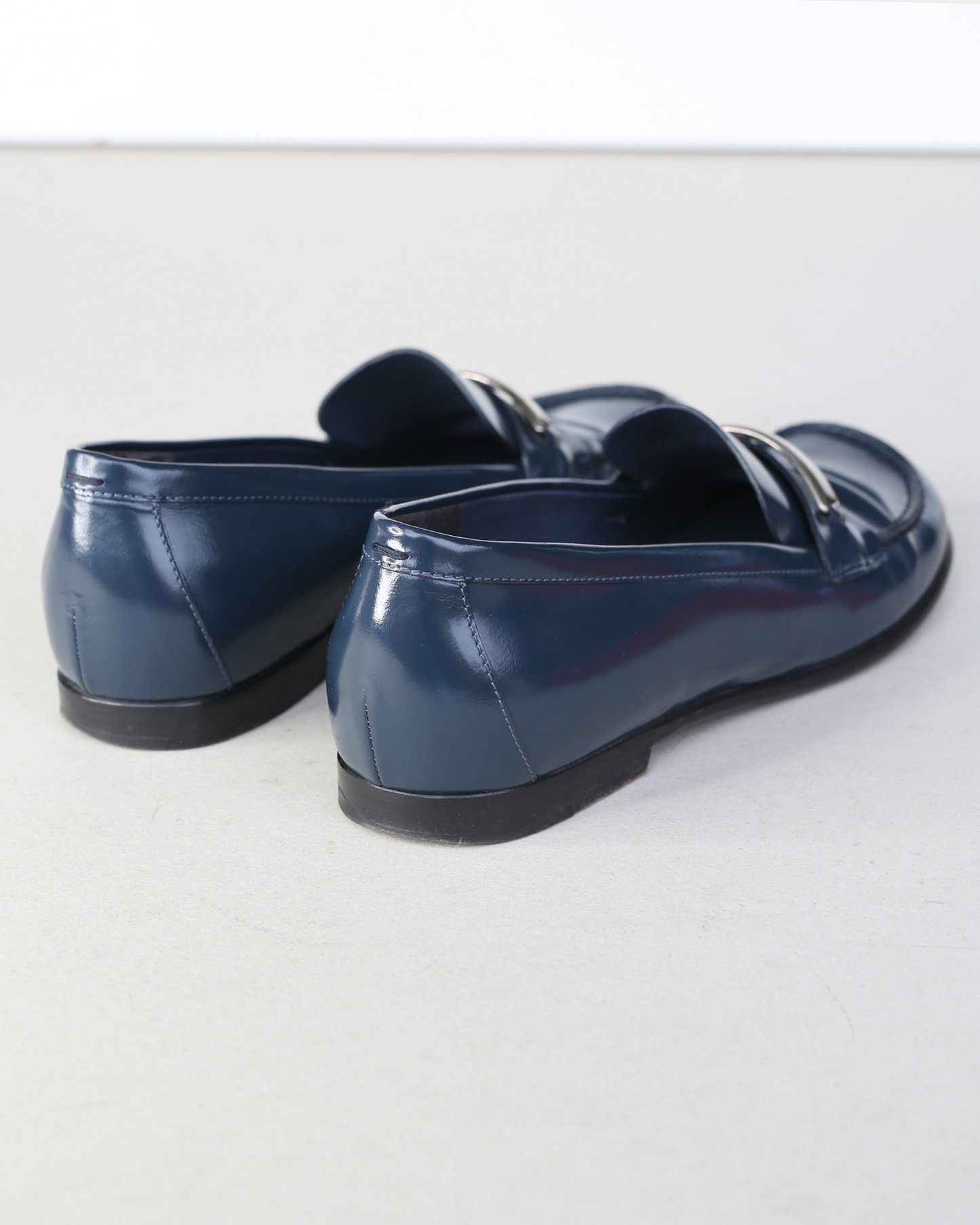 Prada 90s Navy Patent Leather Buckle Hardware Loafers