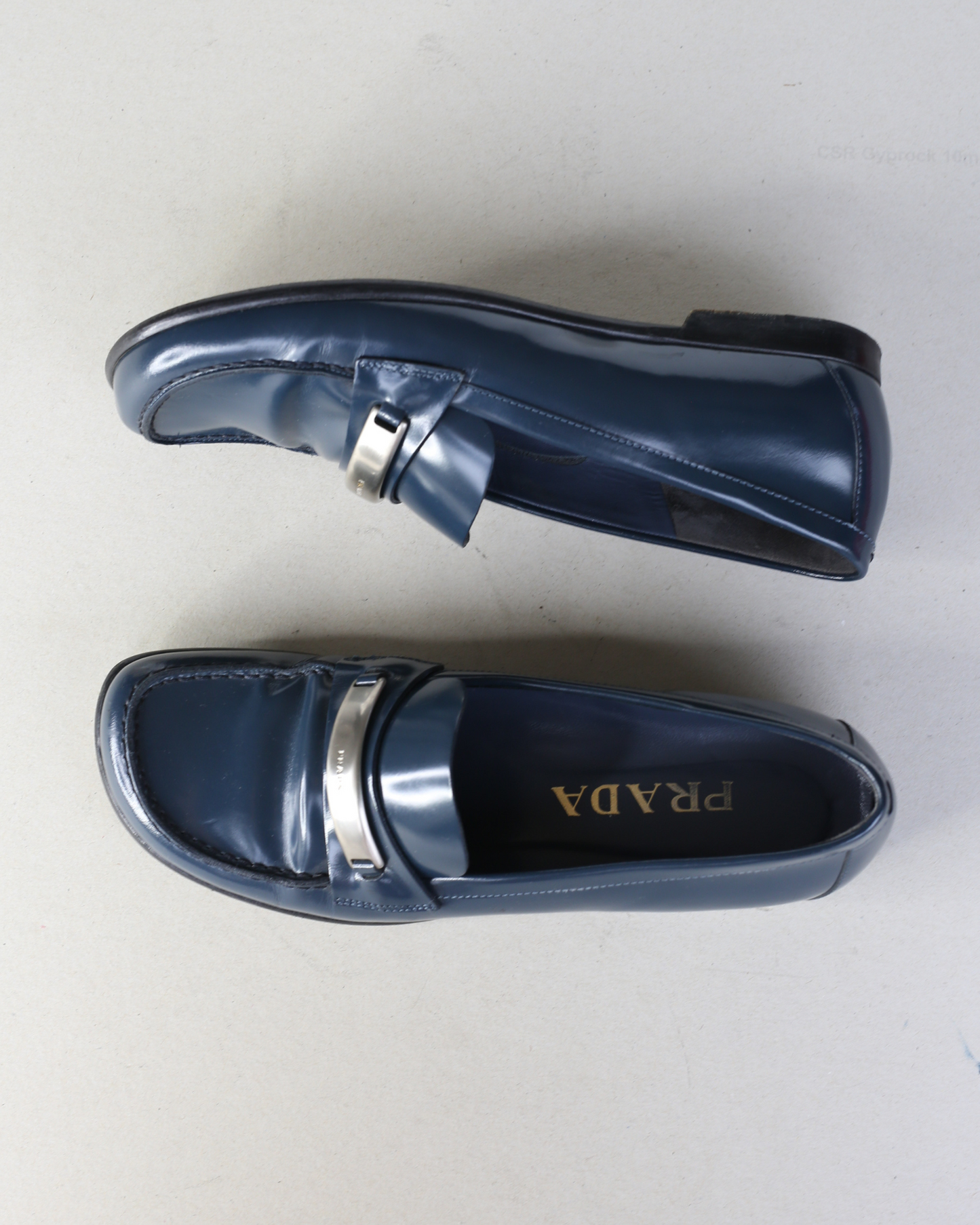 Prada 90s Navy Patent Leather Buckle Hardware Loafers