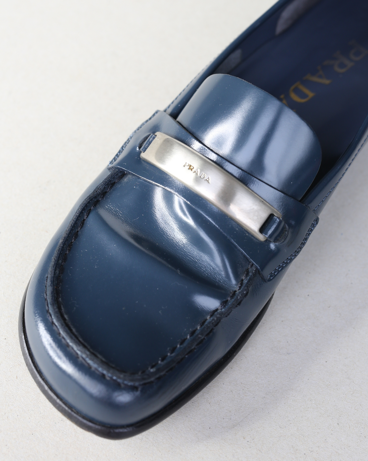 Prada 90s Navy Patent Leather Buckle Hardware Loafers