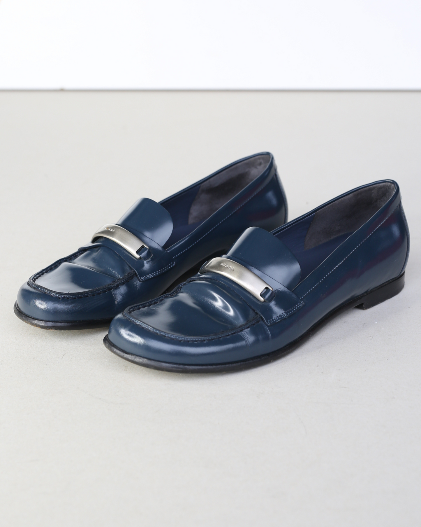 Prada 90s Navy Patent Leather Buckle Hardware Loafers