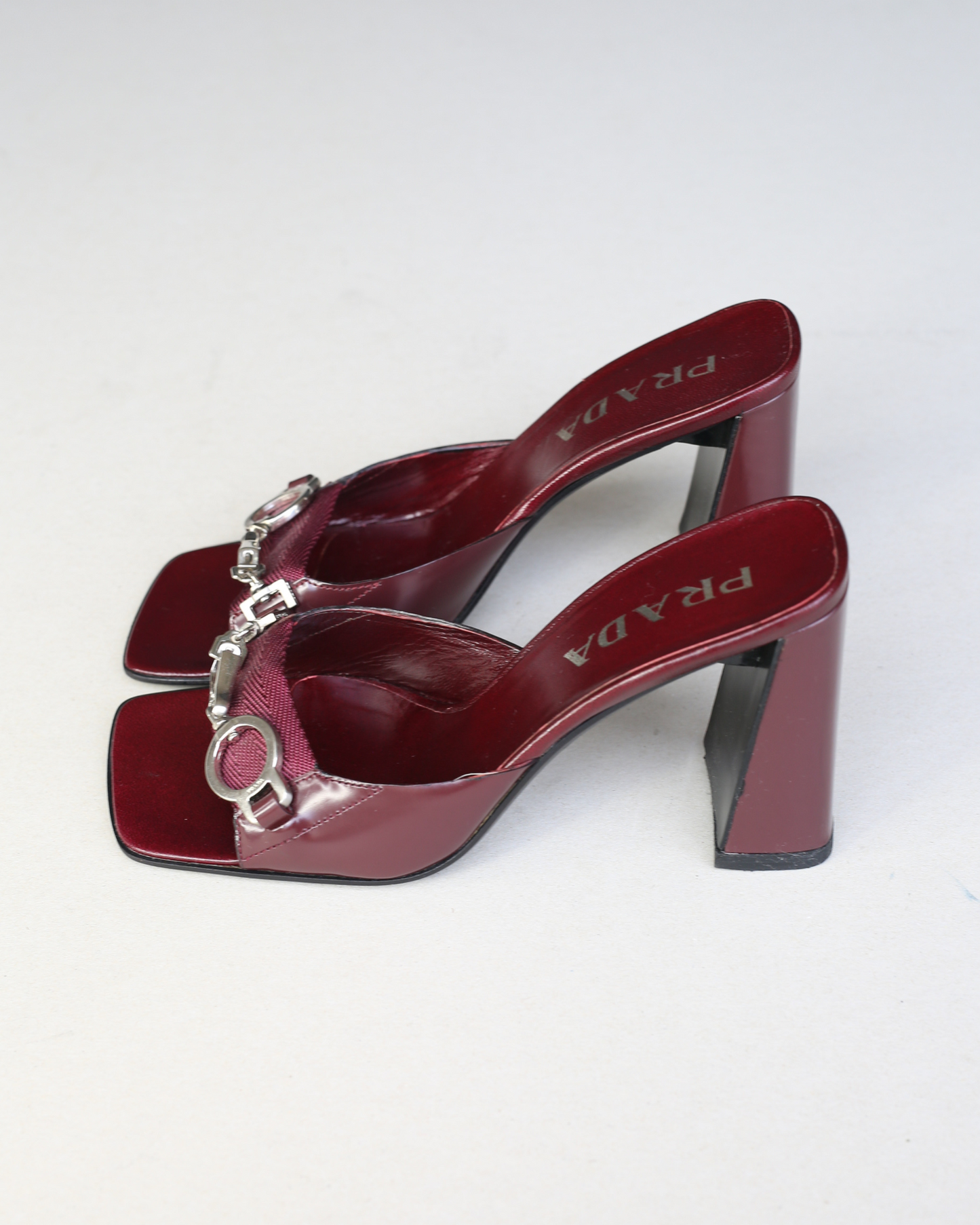 Prada 90s Burgundy Buckle Platform Heels