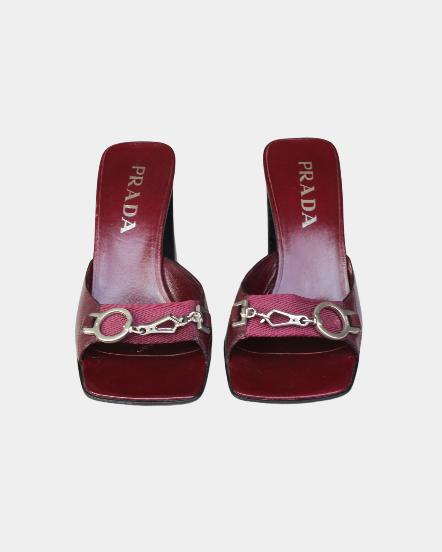 Prada 90s Burgundy Buckle Platform Heels